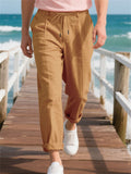 Men's Casual Linen Solid Color Drawstring Straight Trousers
