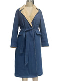 Trendy Long Fuzzy Coat for Women with Denim Sleeves and Faux Fur Lining
