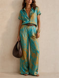 Women Boho Holiday Paisley Short Sleeve Wide Leg 2 Piece Set