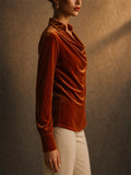 Women Elegant Velvet Cowl Neck Long Lantern Sleeve Blouse