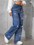 ‌Women's Streetwear High Waist Embellished 3D Bow Rhinestone Wide Leg Denim Pants