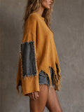 Womens Oversized Distressed Ribbed Knit Denim Patch Sweater