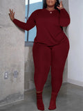 Plus Size Women's Simple Plain Color Long Sleeve Top Tight Pants Set