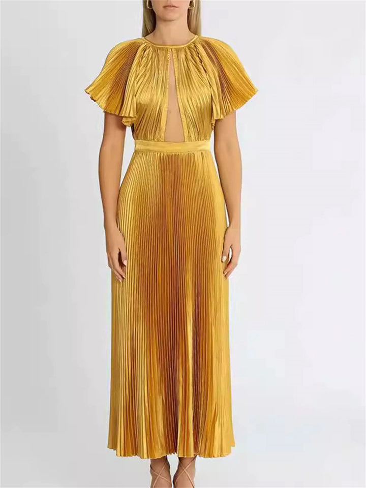 Elegant S‌ummer Yellow Pleated Evening Dress for Women‌