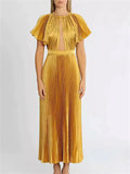 Elegant S‌ummer Yellow Pleated Evening Dress for Women‌