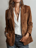 ‌Womens Vintage Suede Blazer with Pockets and Button Closure‌