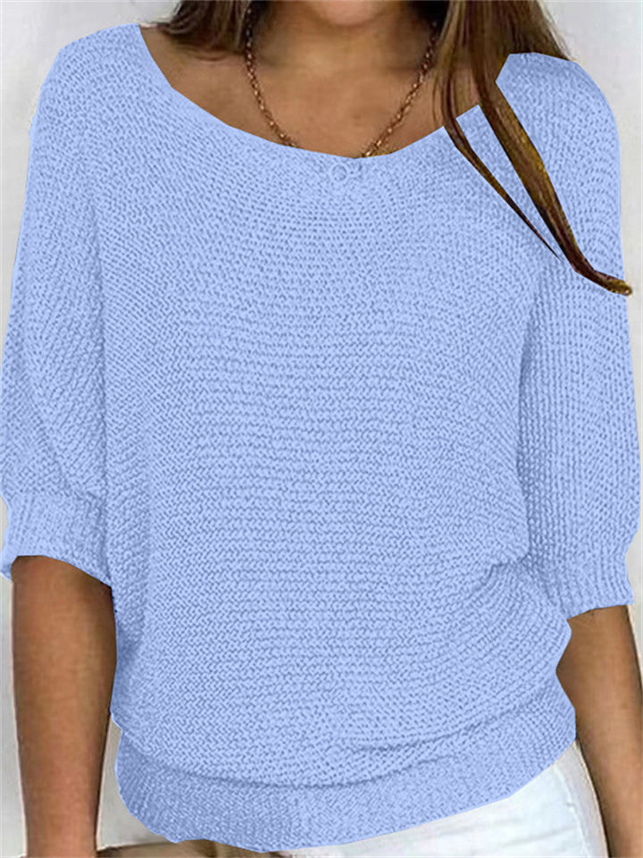 Casual Solid Color Round Neck 3/4 Sleeve Sweater for Women