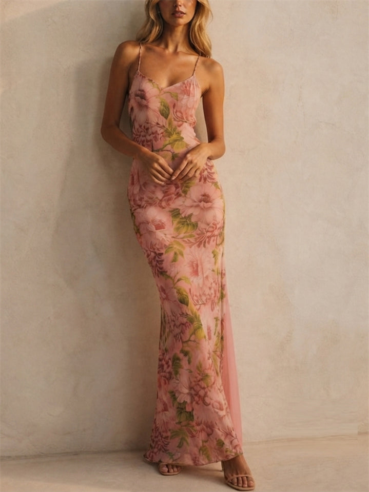Women Pink Floral Backless Asymmetric Slim Summer Maxi Dress