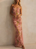 Women Pink Floral Backless Asymmetric Slim Summer Maxi Dress
