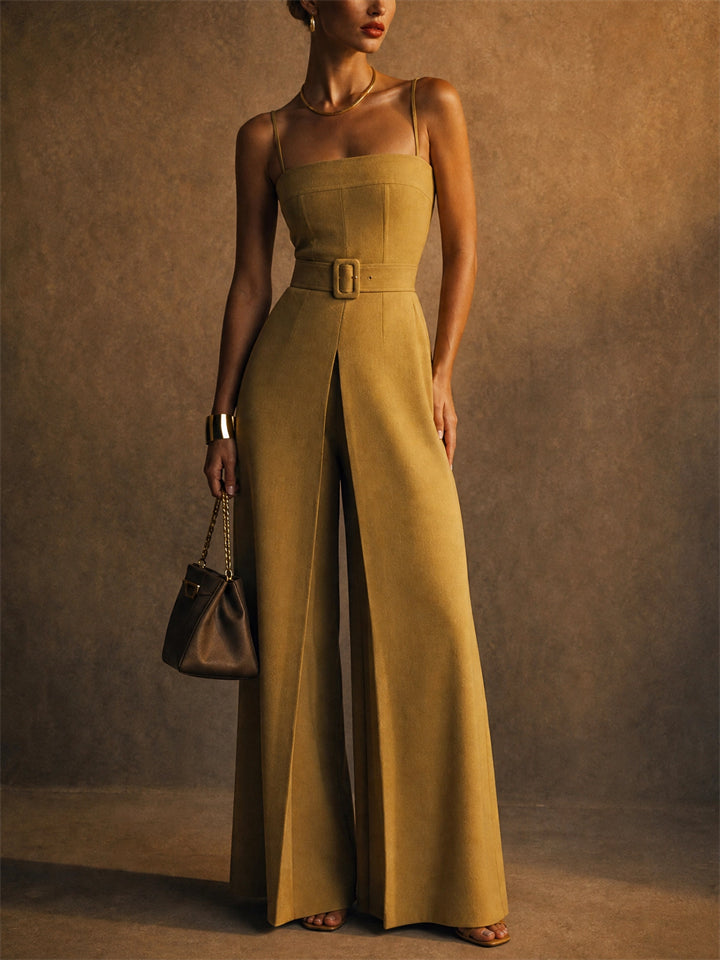 Women Stylish Square Neck Belted Wide Leg Jumpsuit