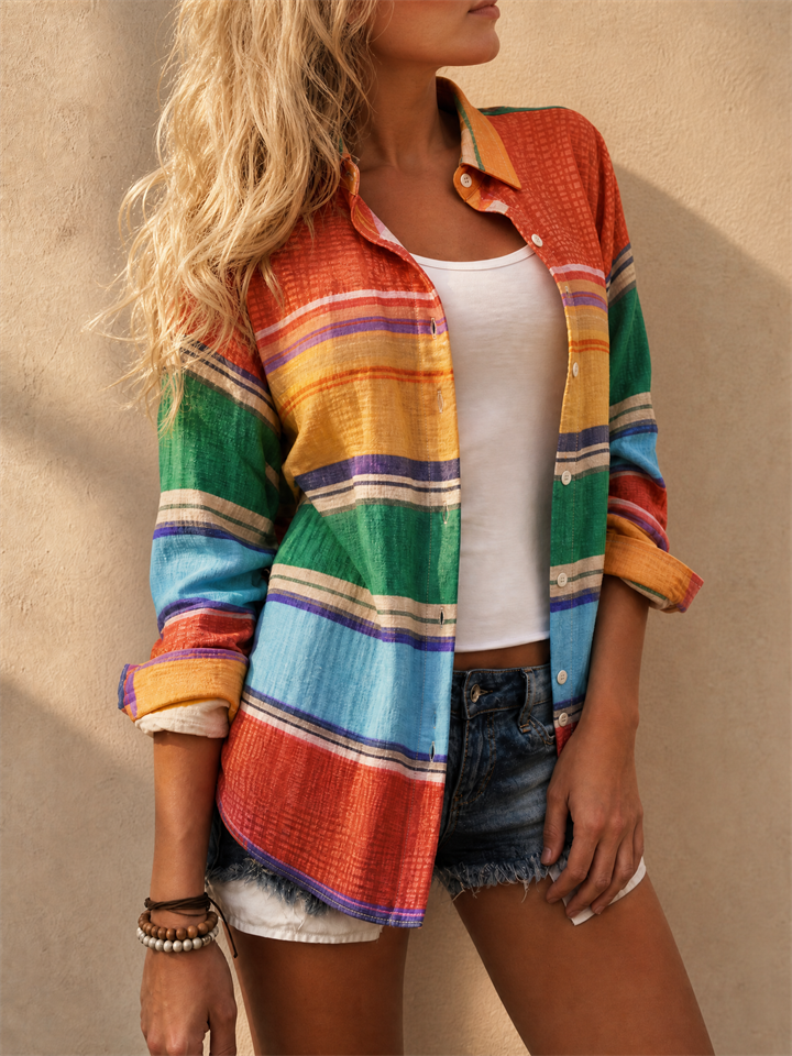 Women Colorful Striped Button Down Long Sleeve Blouses