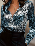 ‌Women's Chic Sexy Button Up Snakeskin Print Long Sleeve Blouse‌s