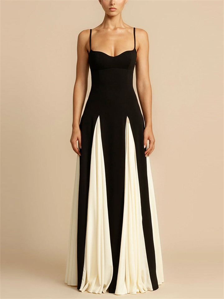 Female's Elegant Black White Contrast Color Spaghetti Strap Dress