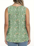 Plus Size Women's Summer Floral Printed Round Neck Sleeveless Shirts