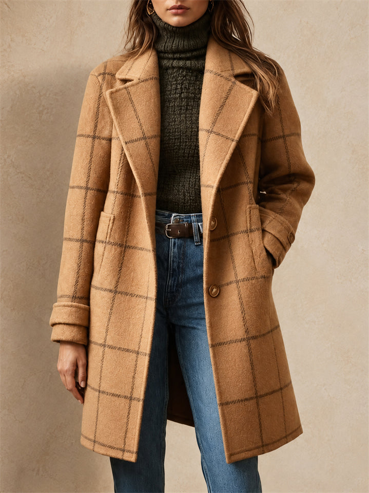 Women Plaid Wool Blend Long Lapel Single Breasted Overcoat