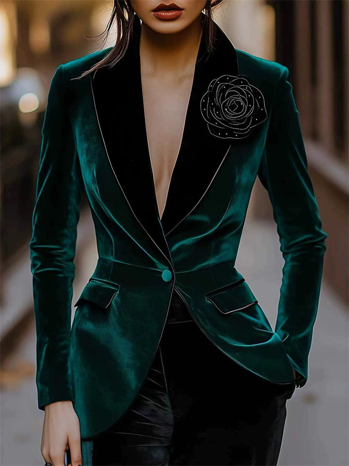 Women's Green Contrast Color Single Breasted Velvet Blazer with 3D Rose Decor