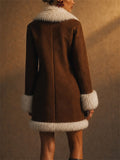 Women's Vintage Brown Suede Winter Faux Fur Trim Cardigan Coats