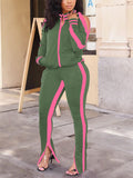 Women's Autumn Contrast Color Stripe Fitted Off Shoulder Sports Tracksuit