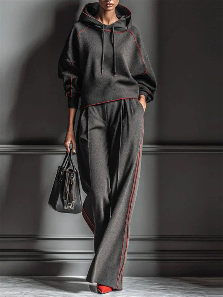 W‌omen's Sporty Tracksuit Red Trim‌ Hoodie and Wide Leg Pants Set