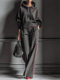 W‌omen's Sporty Tracksuit Red Trim‌ Hoodie and Wide Leg Pants Set