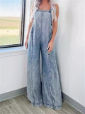 Female Retro Washed Wide Leg Raw Edge Jumpsuits