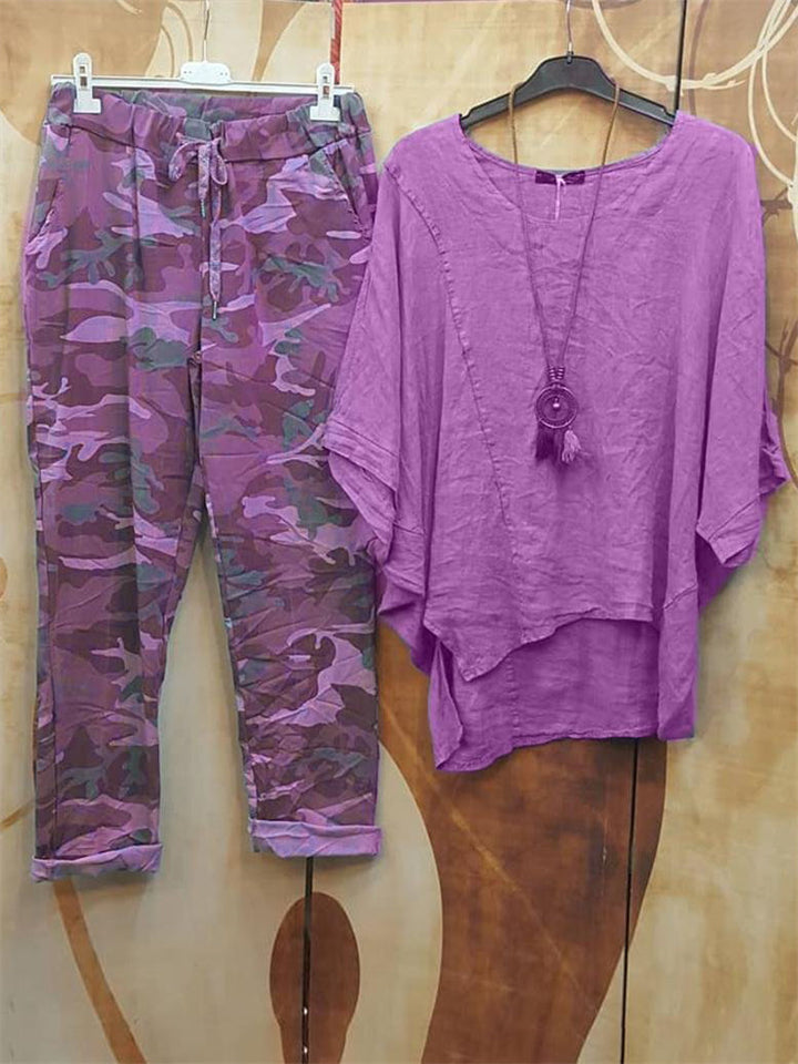 Women's Ethnic Style Irregular Hem T-shirt + Camouflage Pants