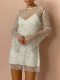 Lady See Through Matching Sets Mesh Sequin Pearl Dresses