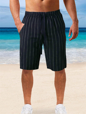 Men's Vertical Stripe Cotton Blend Drawstring Beach Shorts
