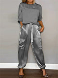 Women's 2Pcs Solid Color Short Sleeve Satin Round Neck Shirt & Pants Set