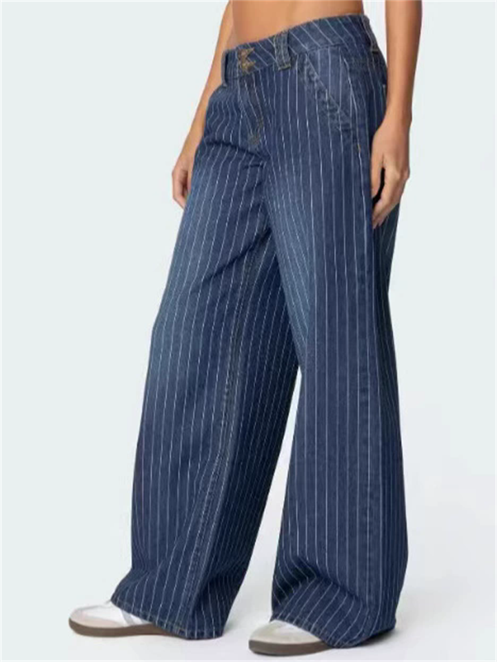 Women's Blue Striped Mid Waist Wide Leg Denim Jeans