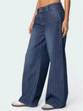 Women's Blue Striped Mid Waist Wide Leg Denim Jeans