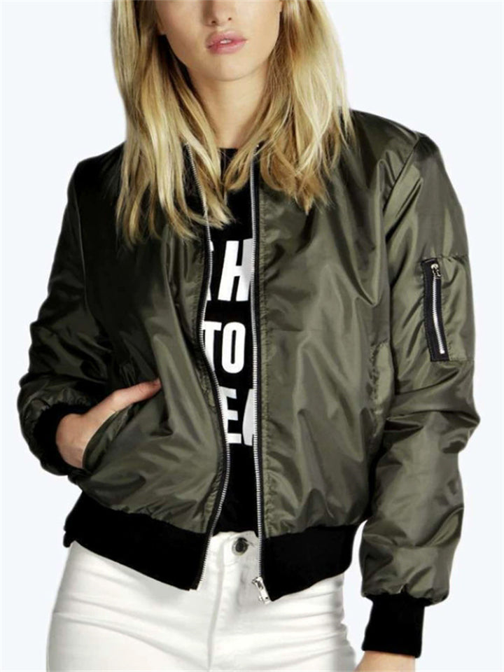 Women's Autumn Casual Solid Color Round Neck Waist Length Jackets