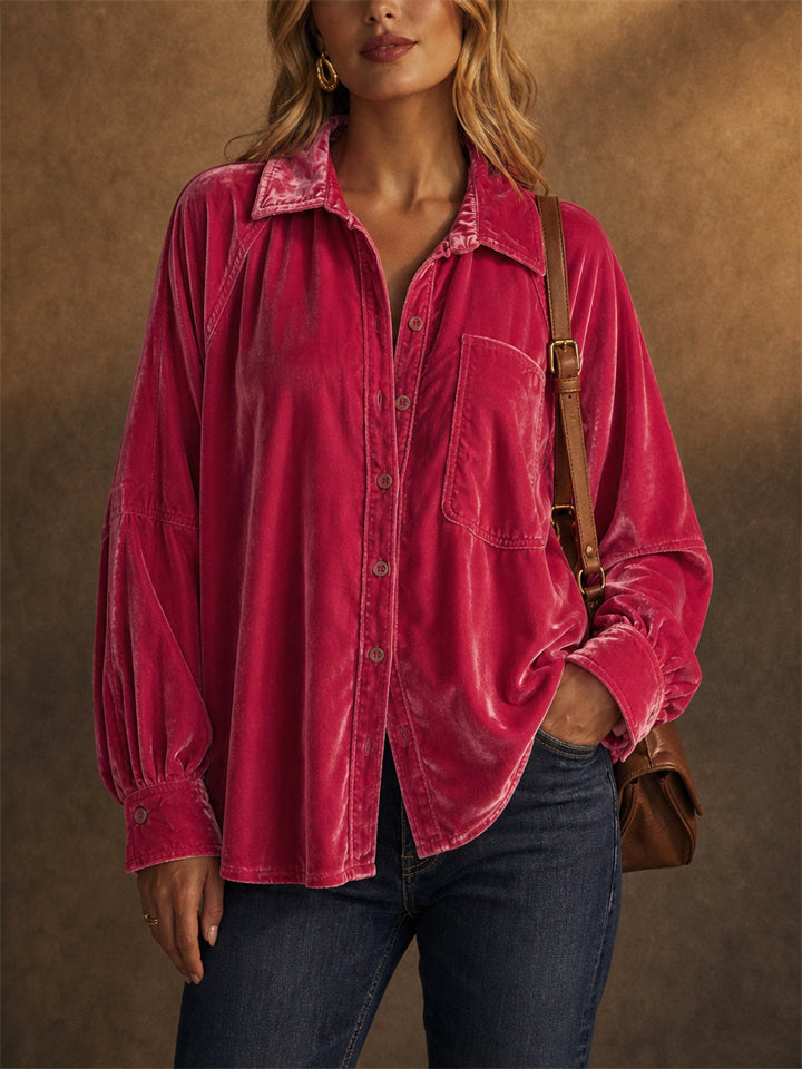 Women Velvet Oversized Button Down Long Sleeve Shirts