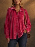 Women Velvet Oversized Button Down Long Sleeve Shirts