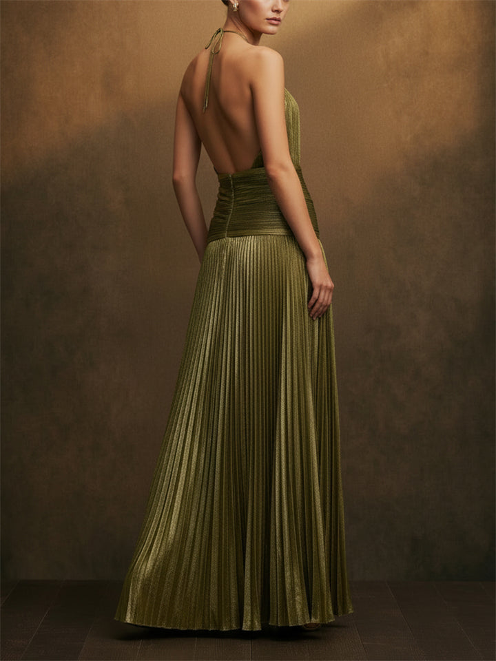 Women Metallic Pleated Halter Backless Slit Maxi Dress