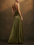 Women Metallic Pleated Halter Backless Slit Maxi Dress