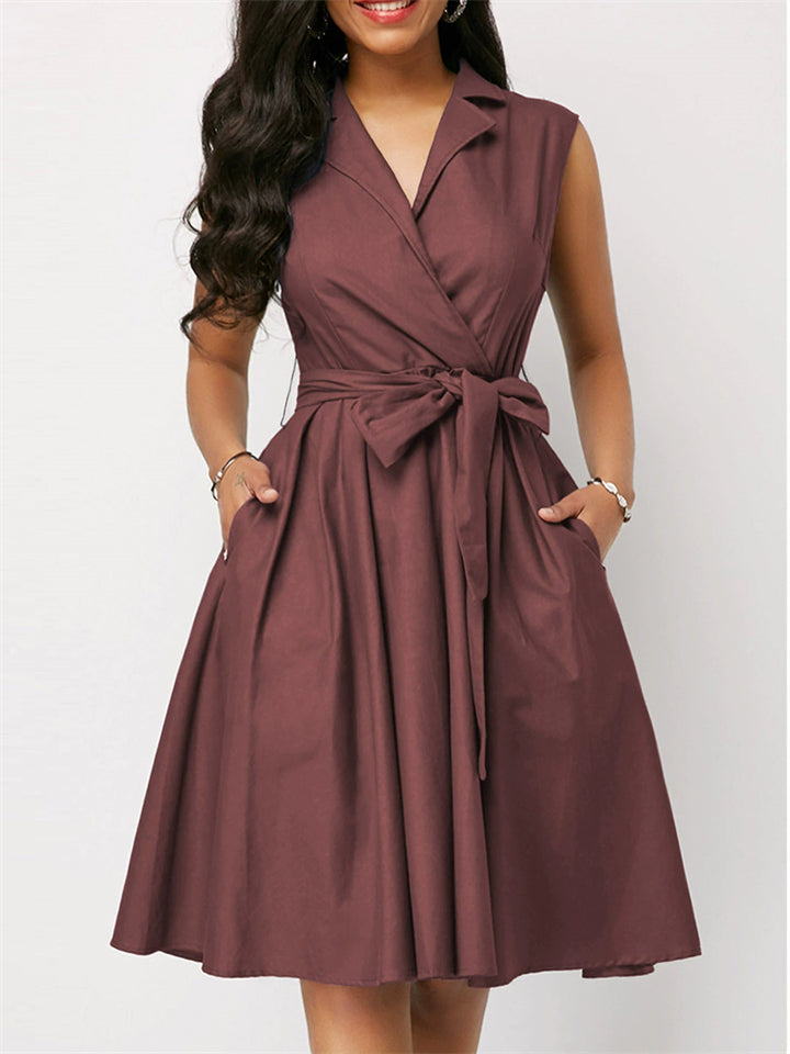 Women's Solid Color V Neck Lapel Tie-Waist Sleeveless Dress