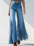 ‌Women's Chic Trendy Mid Waist Fringed Flared Denim Jeans‌