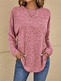 Autumn Knitted Round Neck Ribbed Long Sleeve Loose Tops