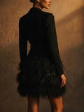 Women Black Feather Trim Party Blazer Dress with Rhinestone Belt