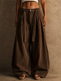 Women Baggy Wide Leg Pleated Trousers Oversized Brown Pants