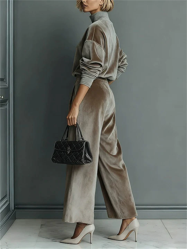 ‌French Style Velvet Turtleneck Top and High Waist Wide Leg Pants Set for Women‌