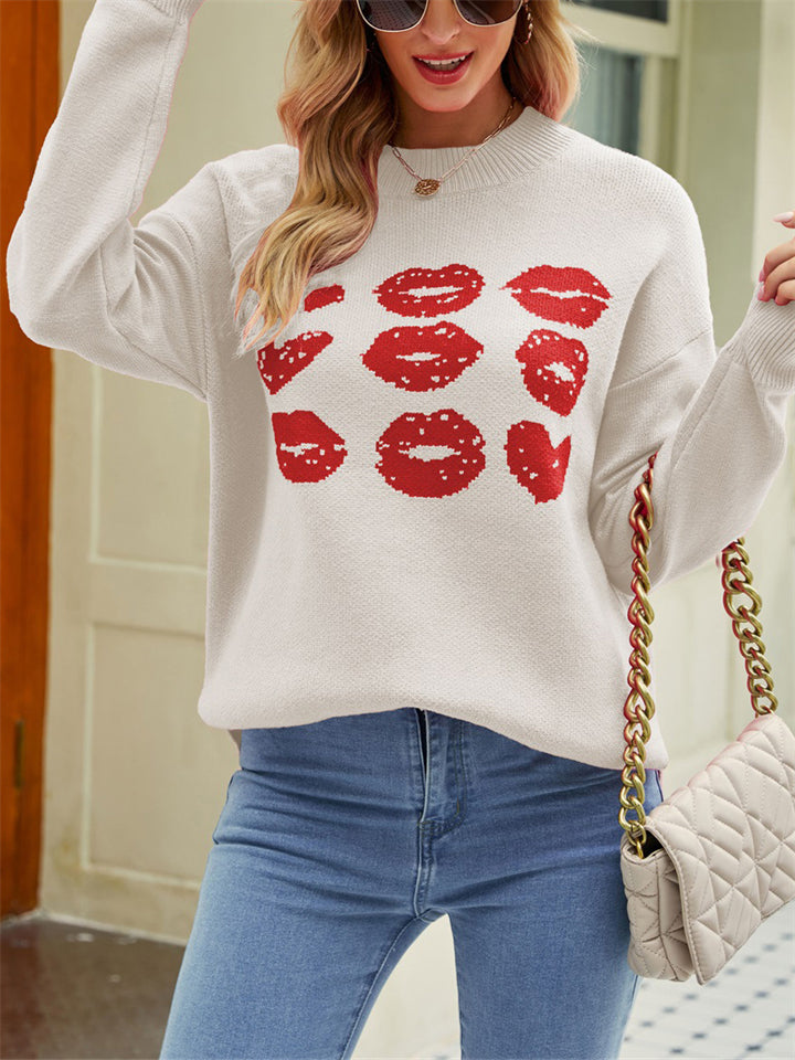 Female Valentine's Day Heart Lips Print Long Sleeve Sweaters