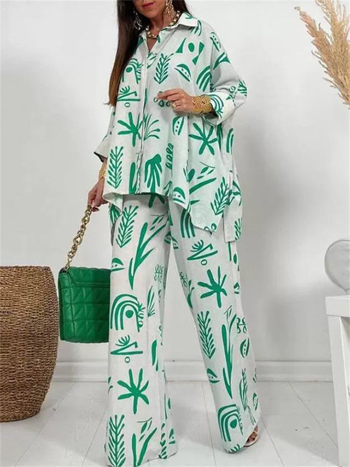 Women's 2Pcs Casual Holiday Style Printed Asymmetric Hem Top & Wide Leg Pants Set