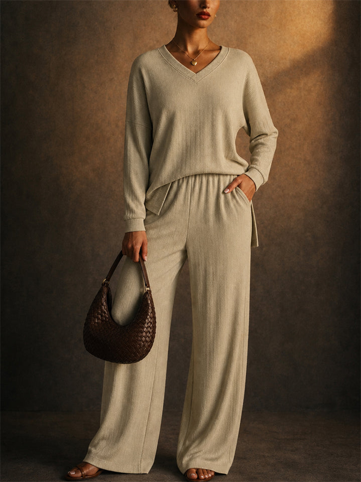 Women Ribbed Knit 2 Piece V Neck Drop Shoulder Wide Leg Pants Lounge Set