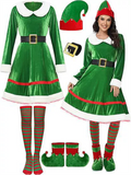 Women's Contrast Color Green Knee Length Velvet Dress with Socks & Hat Set