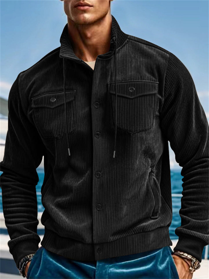 Men's Solid Color Corduroy Pockets Cardigan Cargo Jackets