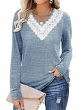 Women's Elegant White Lace V Neck  Solid Color Long Sleeve Shirt