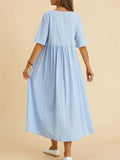 Women's Cozy Cotton Linen Crew Neck Half Sleeve Pleated Dress