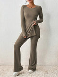 Women's Elegant Crew Neck Long Sleeve Slim Fit Pajamas ( 2 Pieces )